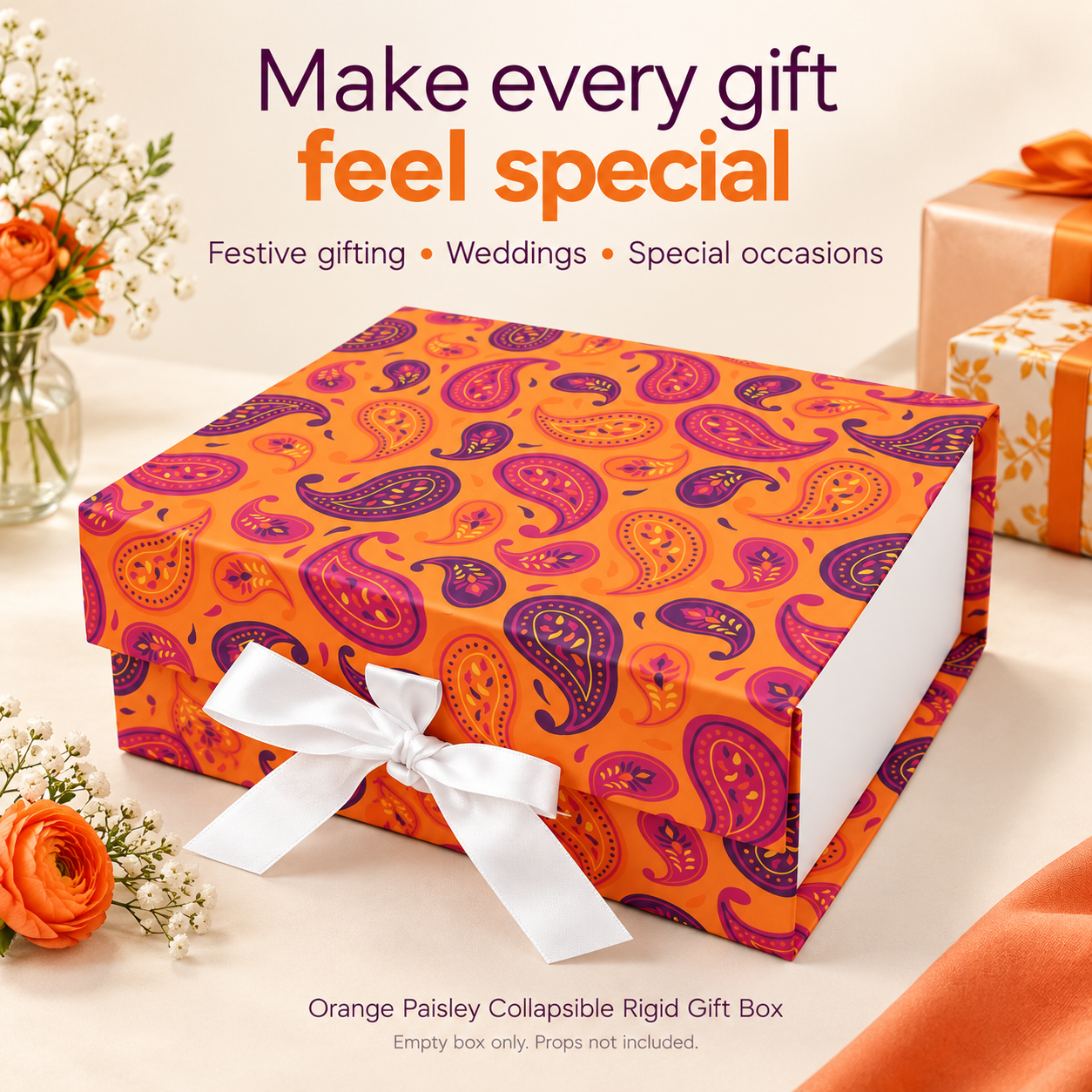 Orange Paisley Non-Magnetic Collapsible Rigid Gift Box 10×8×4 Inch – PSR47