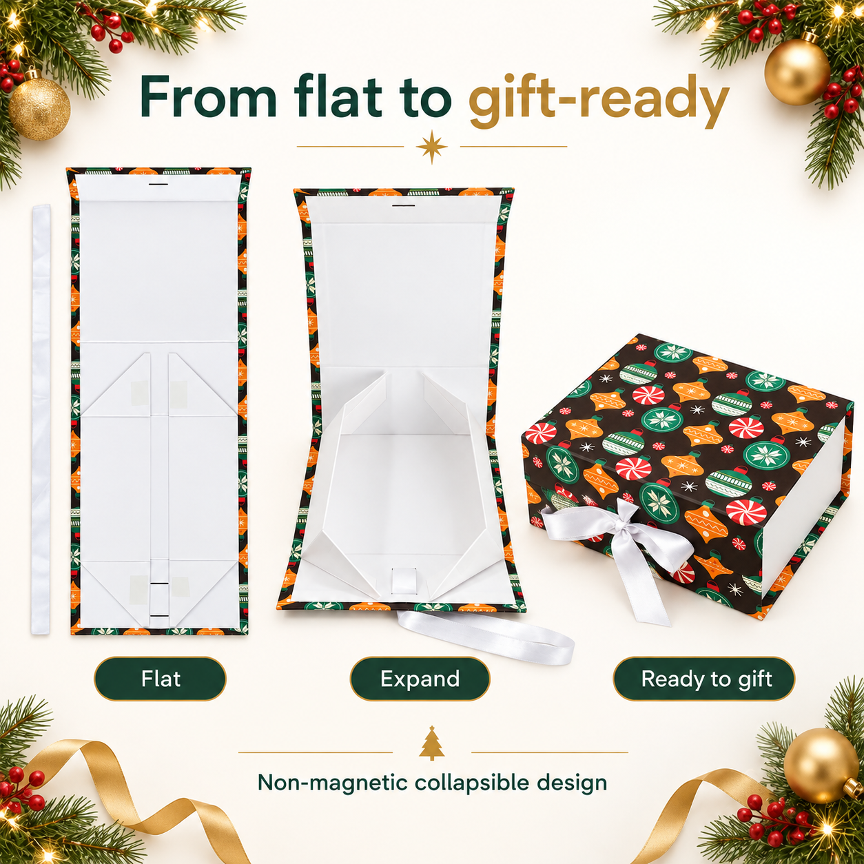 Christmas Pattern Non-Magnetic Collapsible Rigid Gift Box 10×8×4 Inch – PSR49 - Image 3