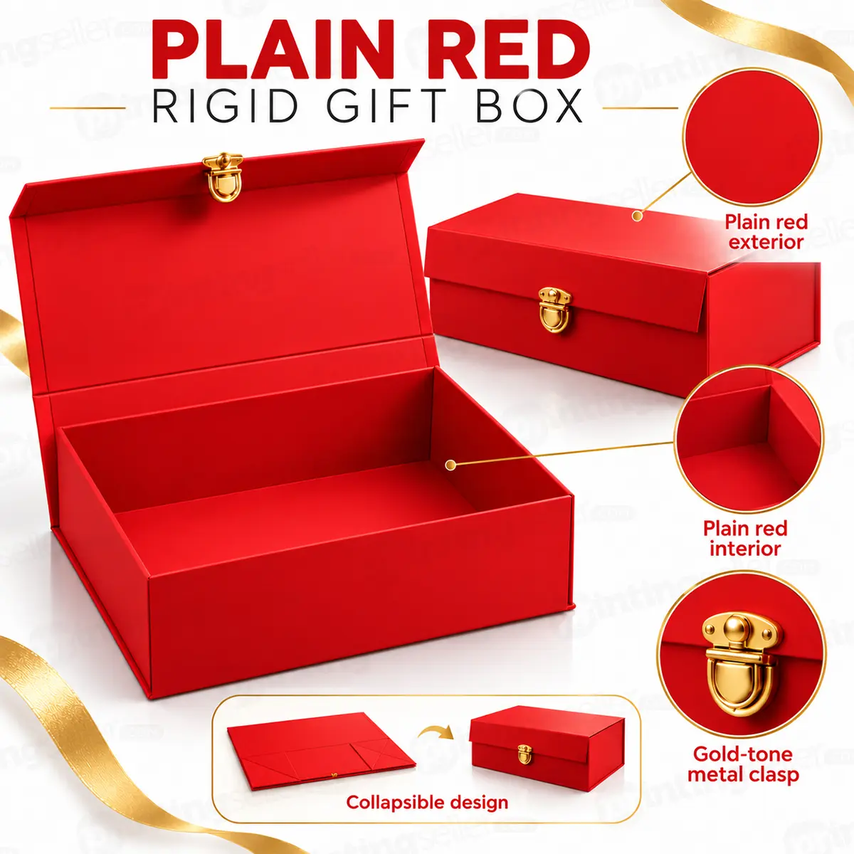 Plain Red Collapsible Rigid Box with Gold-Tone Metal Clasp 10×8×4 Inch – PRS44 - Image 2