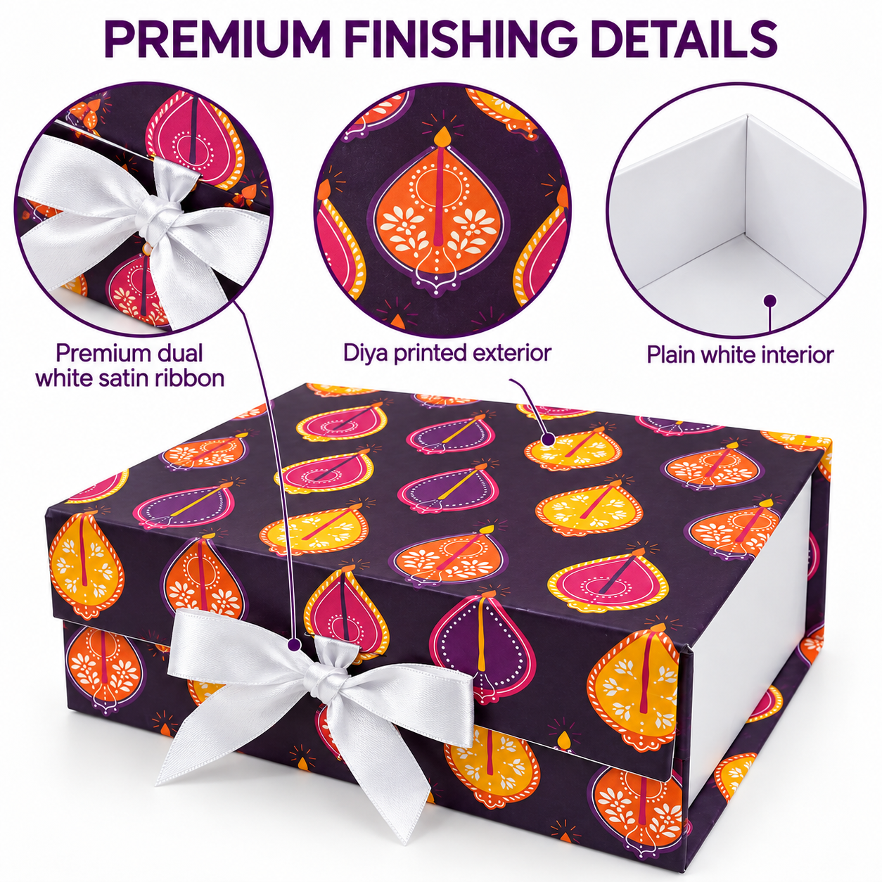 Purple Diya Diwali Non-Magnetic Collapsible Rigid Gift Box 10×8×4 Inch – PSR46 - Image 4