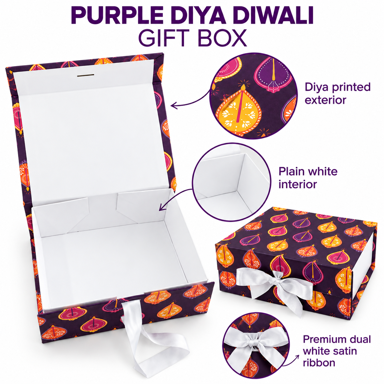 Purple Diya Diwali Non-Magnetic Collapsible Rigid Gift Box 10×8×4 Inch – PSR46 - Image 2