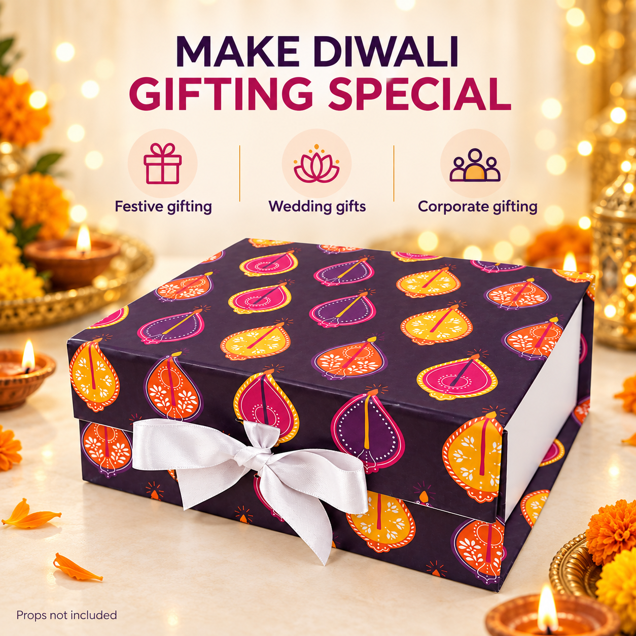 Purple Diya Diwali Non-Magnetic Collapsible Rigid Gift Box 10×8×4 Inch – PSR46 - Image 5