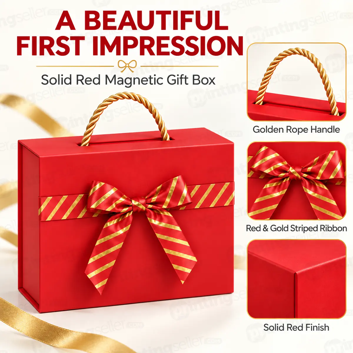Red Magnetic Collapsible Rigid Gift Box with Golden Rope Handle - 10x8x4 Inch - PRS31 - Image 2