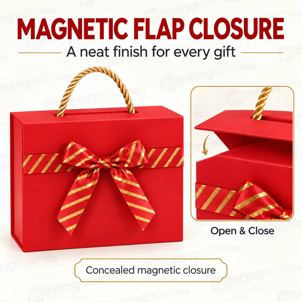 Red Magnetic Collapsible Rigid Gift Box with Golden Rope Handle - 10x8x4 Inch - PRS31 - Image 3
