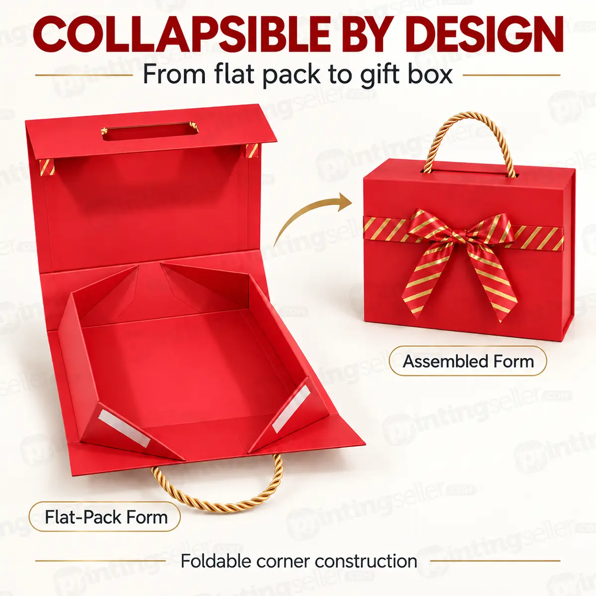 Red Magnetic Collapsible Rigid Gift Box with Golden Rope Handle - 10x8x4 Inch - PRS31 - Image 4