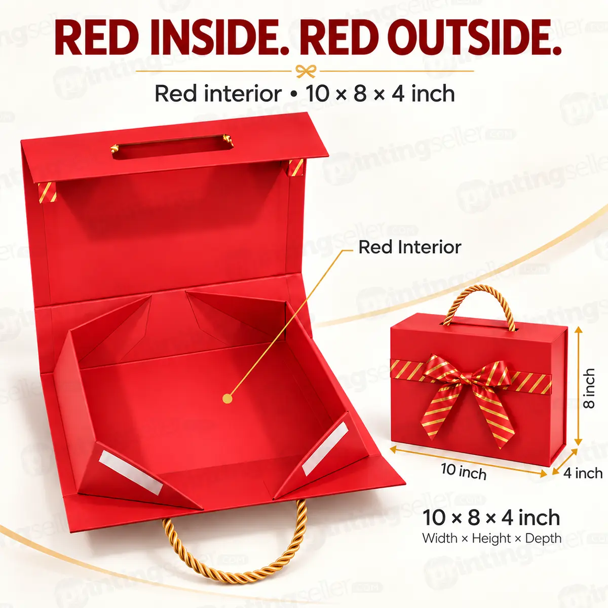 Red Magnetic Collapsible Rigid Gift Box with Golden Rope Handle - 10x8x4 Inch - PRS31 - Image 5