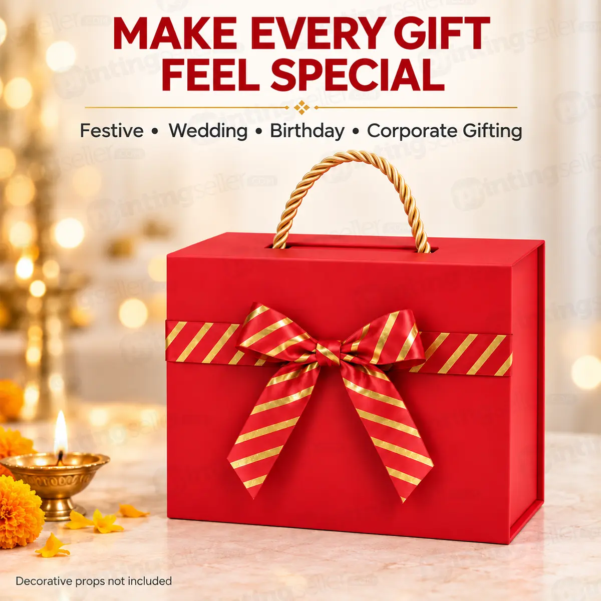 Red Magnetic Collapsible Rigid Gift Box with Golden Rope Handle - 10x8x4 Inch - PRS31 - Image 6