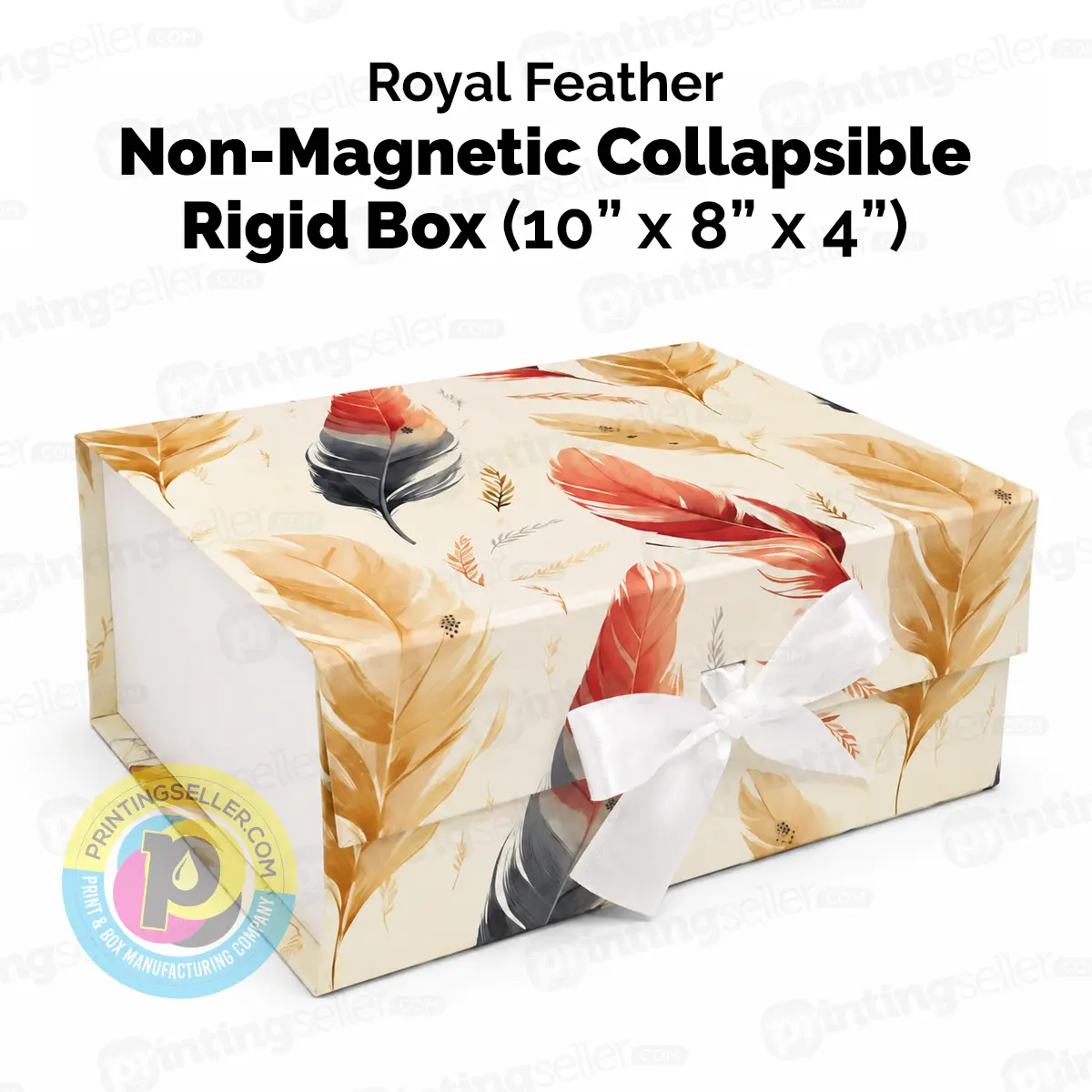 Royal Feather Box, Feather Pattern Gift Box, Collapsible Rigid Box, Non Magnetic Gift Box, Satin Ribbon Gift Box, Printed Gift Box, Foldable Gift Box, Hamper Box, Wedding Gift Box, Festive Gift Packaging, Corporate Gift Box, Boutique Packaging, 10x8x4 Inch Gift Box, PRS34